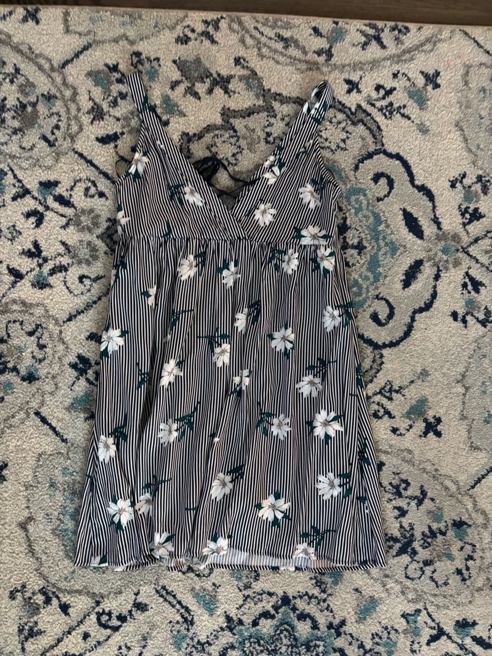 Black & White Striped Floral Dress with front tie Detail